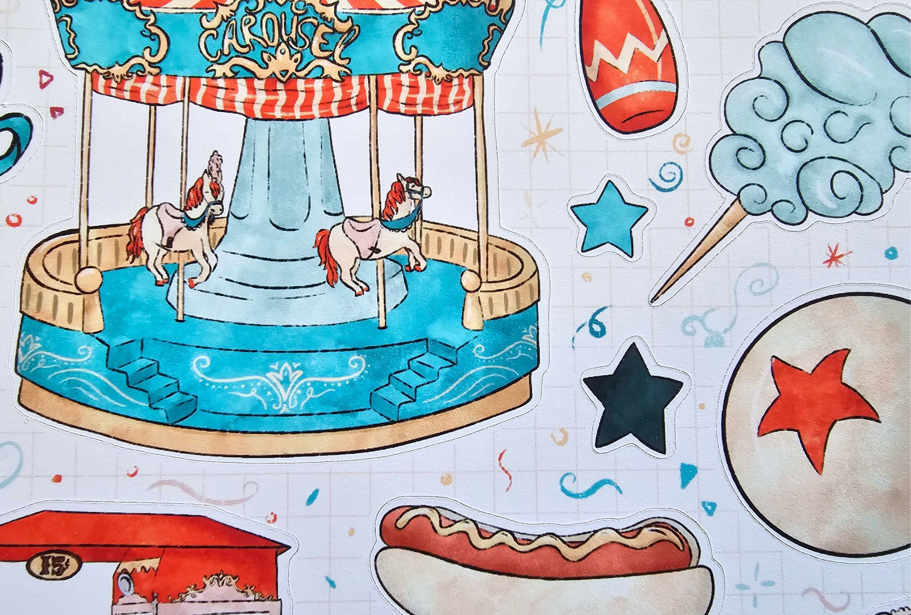 Colorful illustration of a carousel with horses, stars, and other playful elements on a light background.