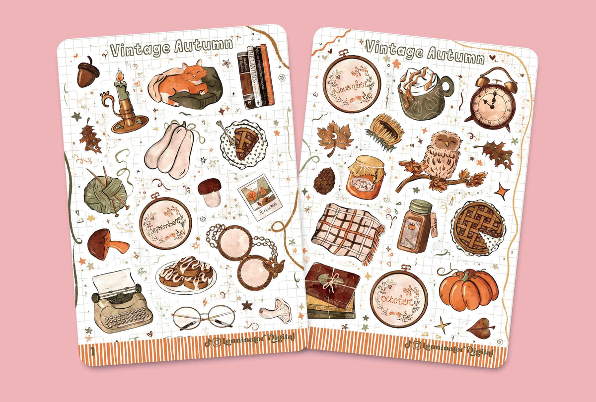 Two decorative planner stickers labeled 'Vintage Autumn' with illustrated motifs including a fox, books, acorns, a typewriter, glasses, a pumpkin, jars, and autumn-themed details, shown on a pink background.