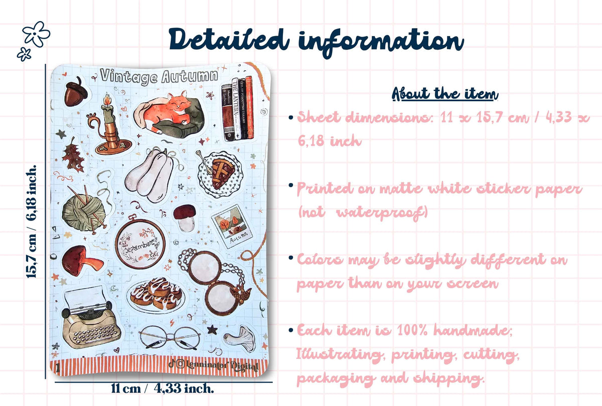 A product information graphic for a 'Vintage Autumn' sticker sheet. The sheet features various illustrated stickers like a typewriter, mushrooms, glasses, and a teapot on a light blue background.