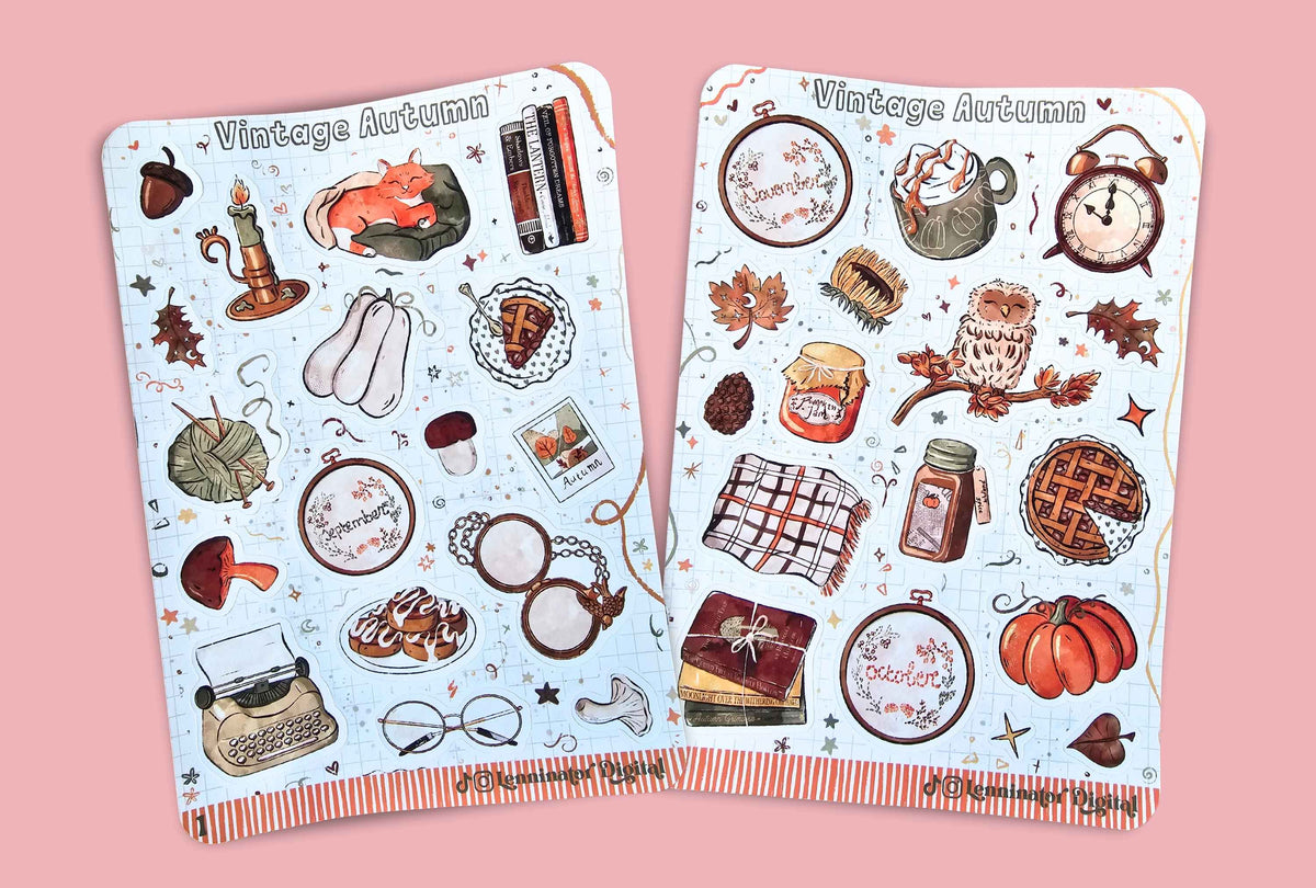 Two decorative planner stickers labeled 'Vintage Autumn' with illustrated motifs including a cat, owl, pumpkin, books, glasses, and autumn foods, shown on a pink background.