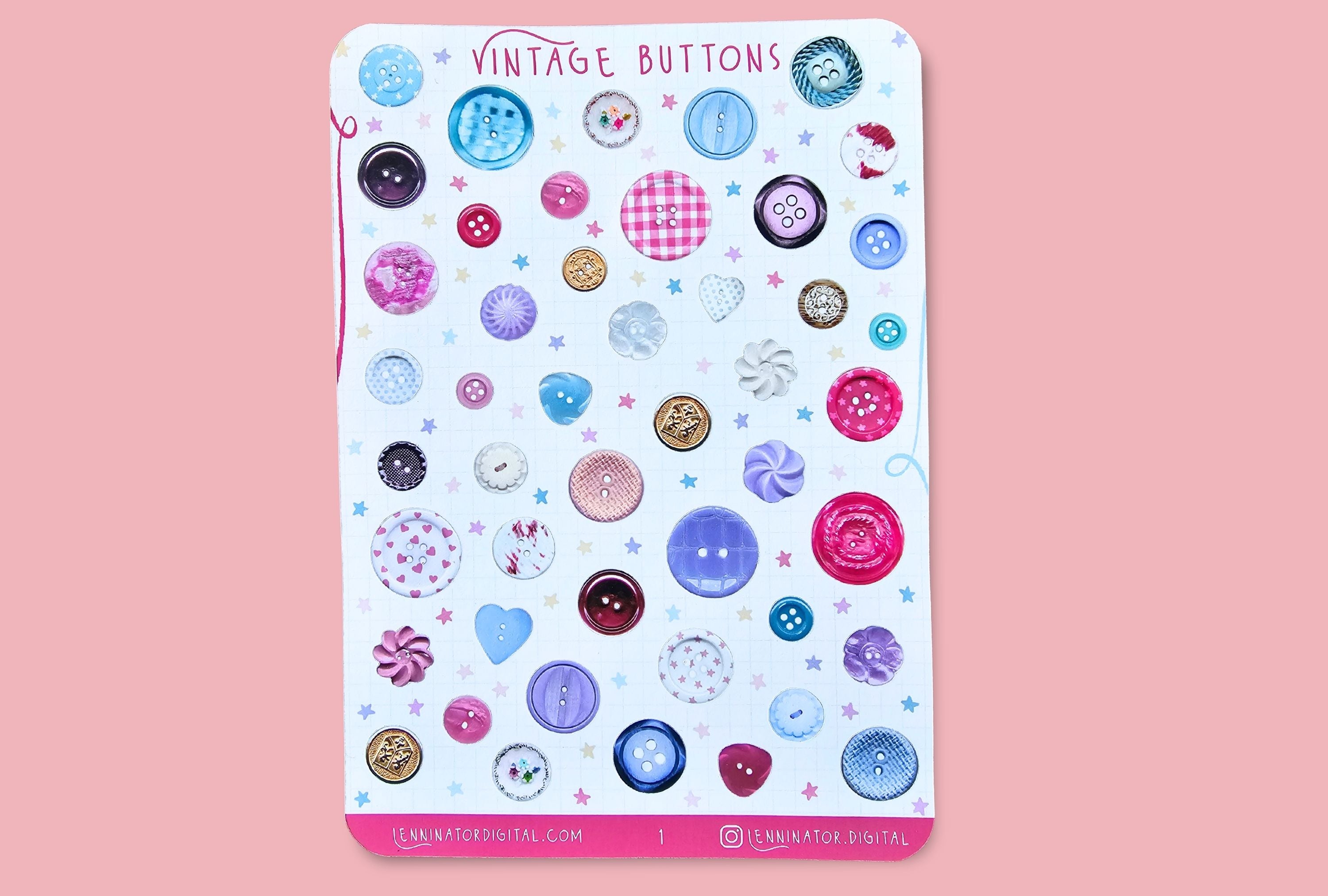 Sheet of pink and blue vintage-style buttons with a pink border on a pink background