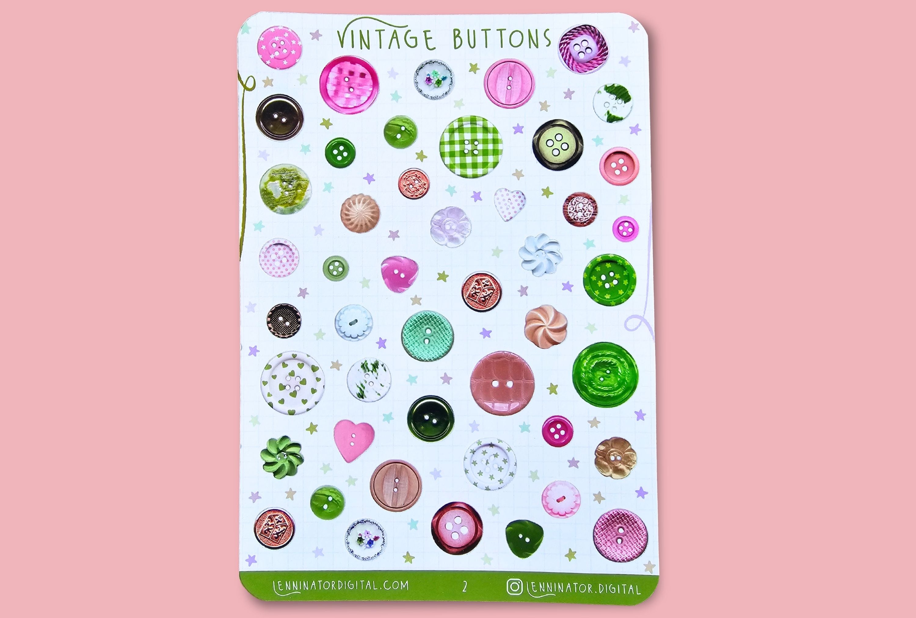 Sheet of pink and green vintage button-themed stickers on a pink background