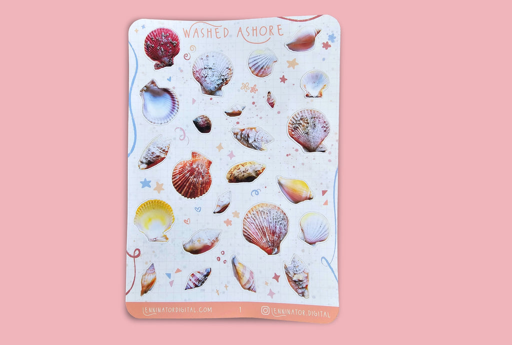 A sticker sheet with real sea shells in pink, yellow and orange tones