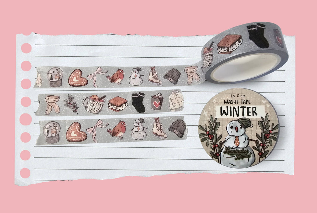 Washi tape with winter themed illustrations like snow globe, scarf, cookie, robin, ribbon, snowman, ice skates, hat, jacket, warm chocolate drink and smores