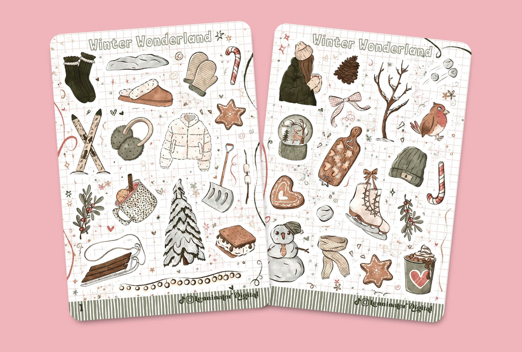 Two decorative sticker sheets titled 'Winter Wonderland' with hand-drawn winter-themed illustrations, shown on a solid pink background.