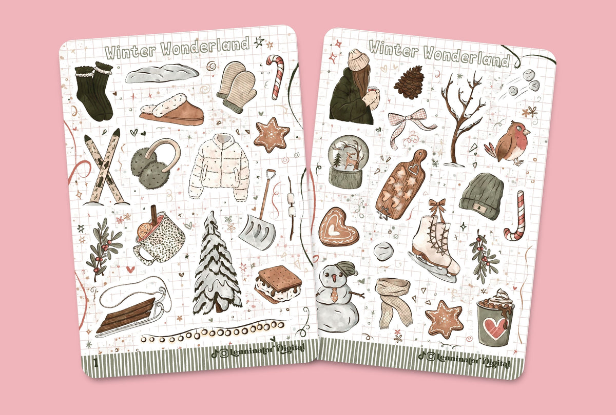 Two decorative sticker sheets titled 'Winter Wonderland' with hand-drawn winter-themed illustrations, shown on a solid pink background.