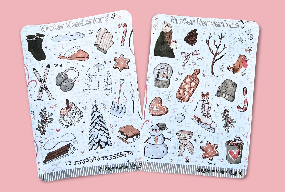 Two planner sticker sheets featuring a winter theme with illustrations of snow gear, candy canes, a snowman, a Christmas tree, and other seasonal icons, displayed on a solid pink background.
