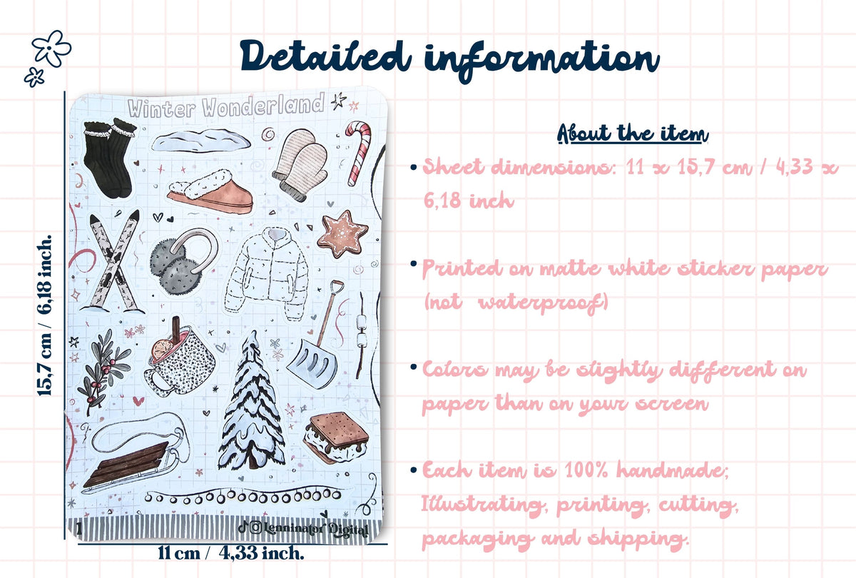 A product information graphic for a winter-themed sticker sheet. The left side shows a preview of the sticker sheet with various illustrated winter icons like socks, hats, candy canes, and a tree on a white background.