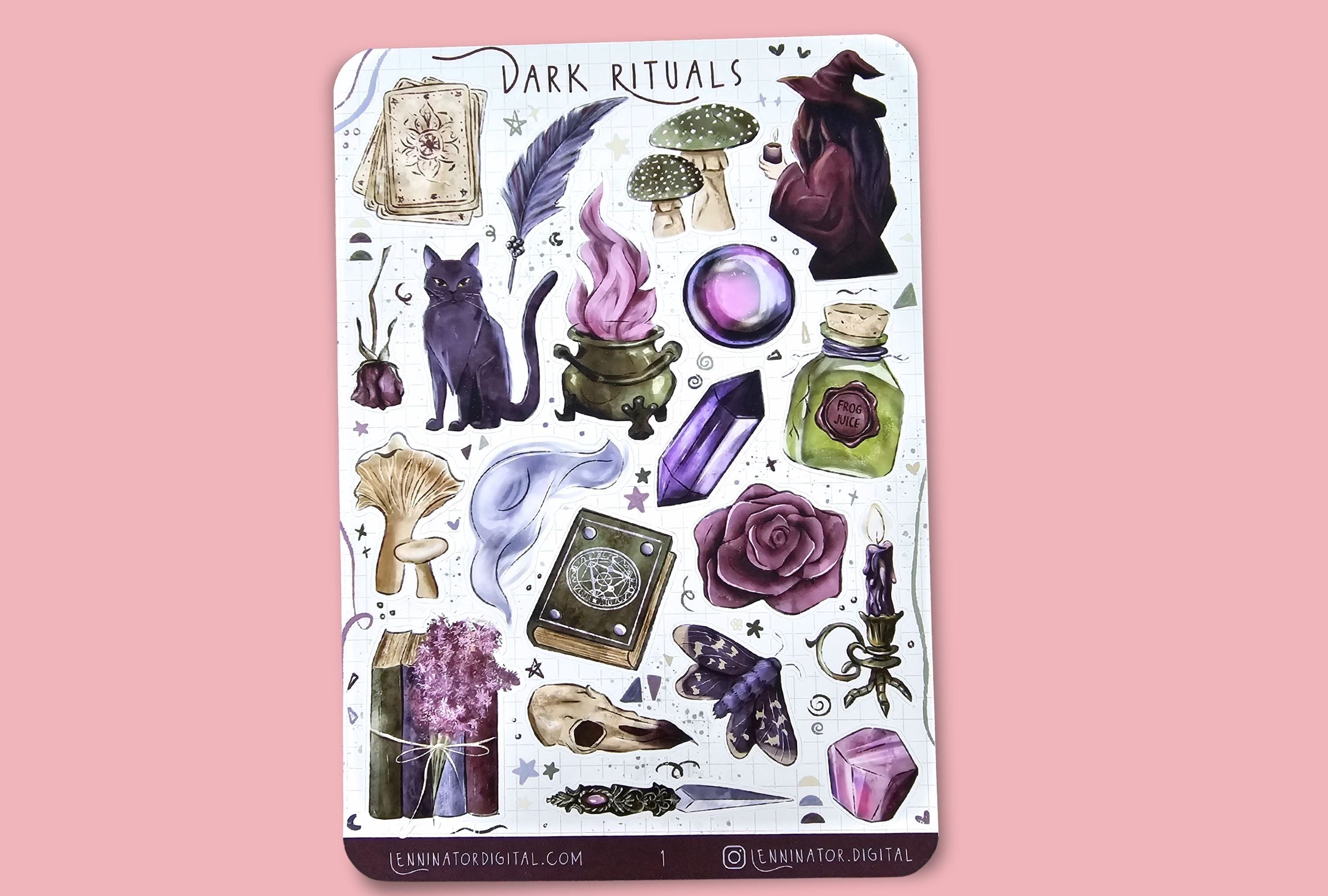 Sticker sheet with dark ritual-themed designs. Dark Witch sticker sheet.