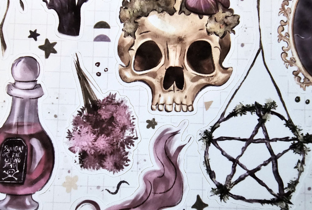Skull with floral crown, potion bottle, and pentagram on a patterned background