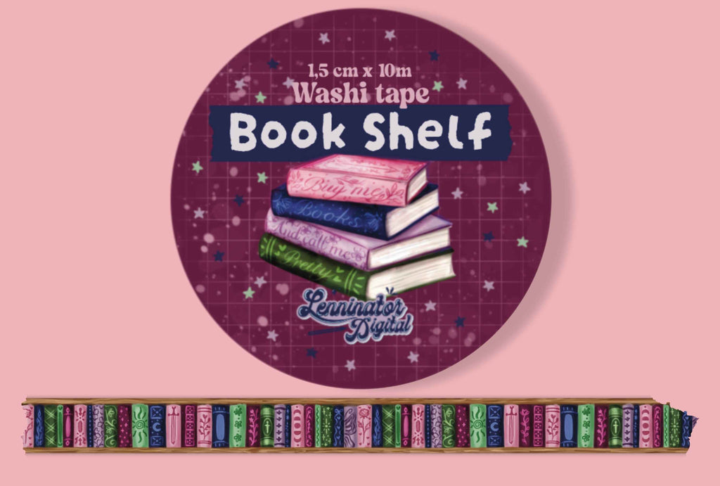 A round decorative washi tape for a book shelf, shown with the product name printed on it and a long shelf made of many colorful book spines underneath, against a pink background.