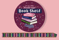 A round decorative washi tape for a book shelf, shown with the product name printed on it and a long shelf made of many colorful book spines underneath, against a pink background.