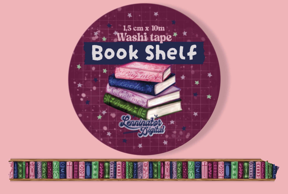 A round decorative washi tape for a book shelf, shown with the product name printed on it and a long shelf made of many colorful book spines underneath, against a pink background.