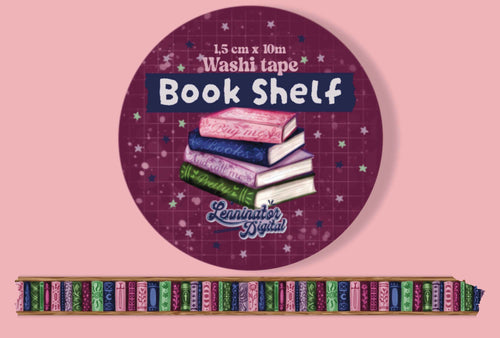 A round decorative washi tape for a book shelf, shown with the product name printed on it and a long shelf made of many colorful book spines underneath, against a pink background.