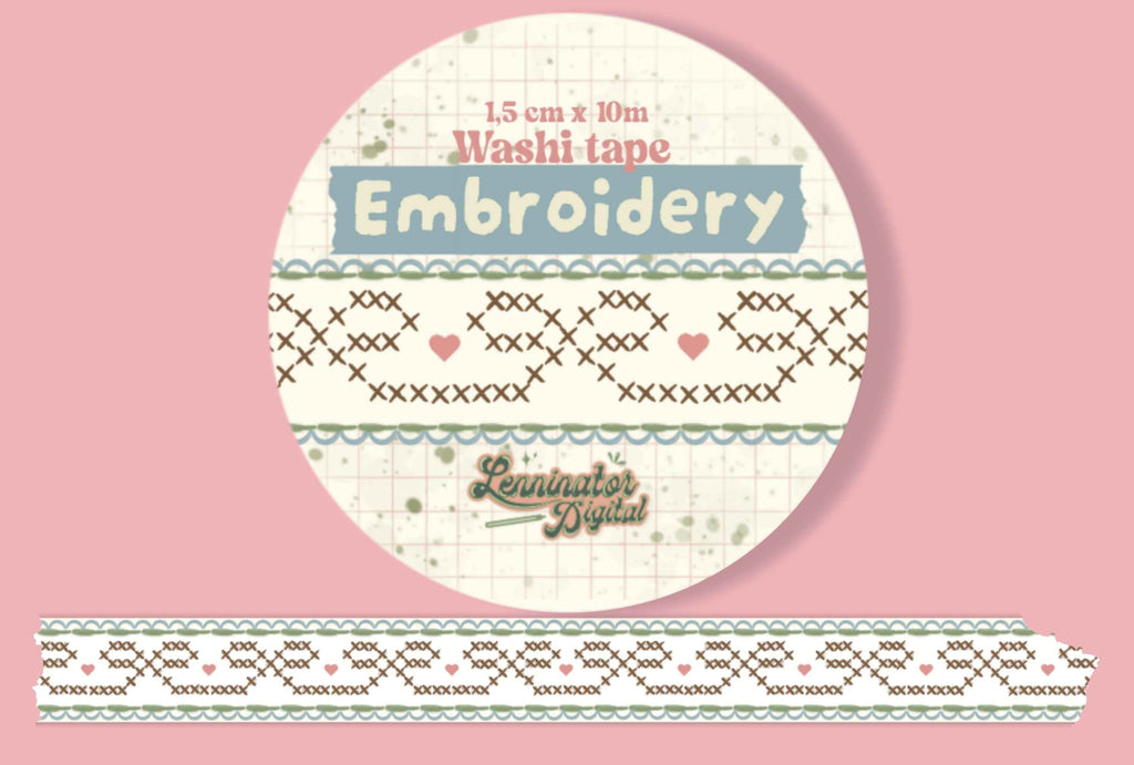 A circular product label for an embroidery washi tape roll with stiched ribbods end tiny hearts, shown on a pink background. 