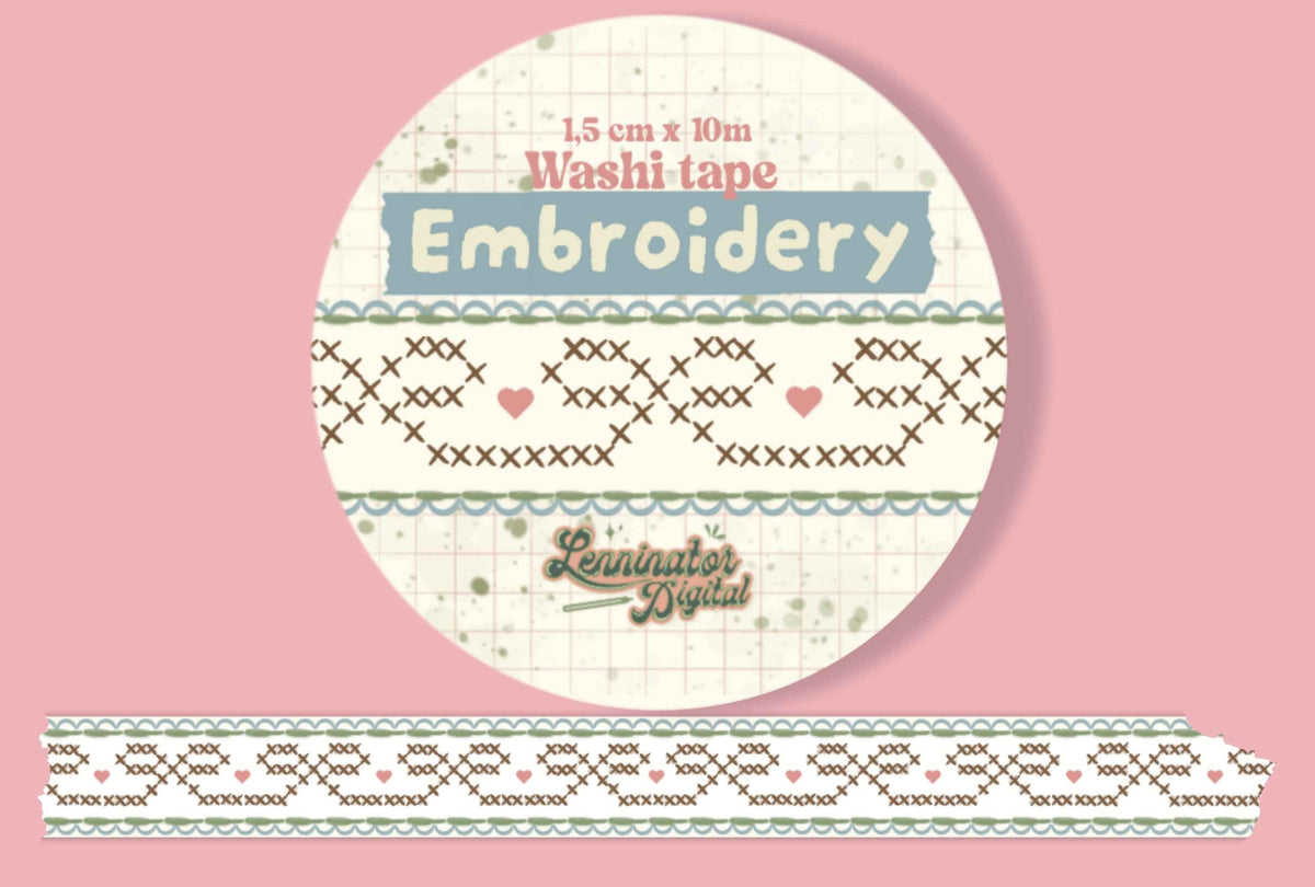 A circular product label for an embroidery washi tape roll with stiched ribbods end tiny hearts, shown on a pink background. 