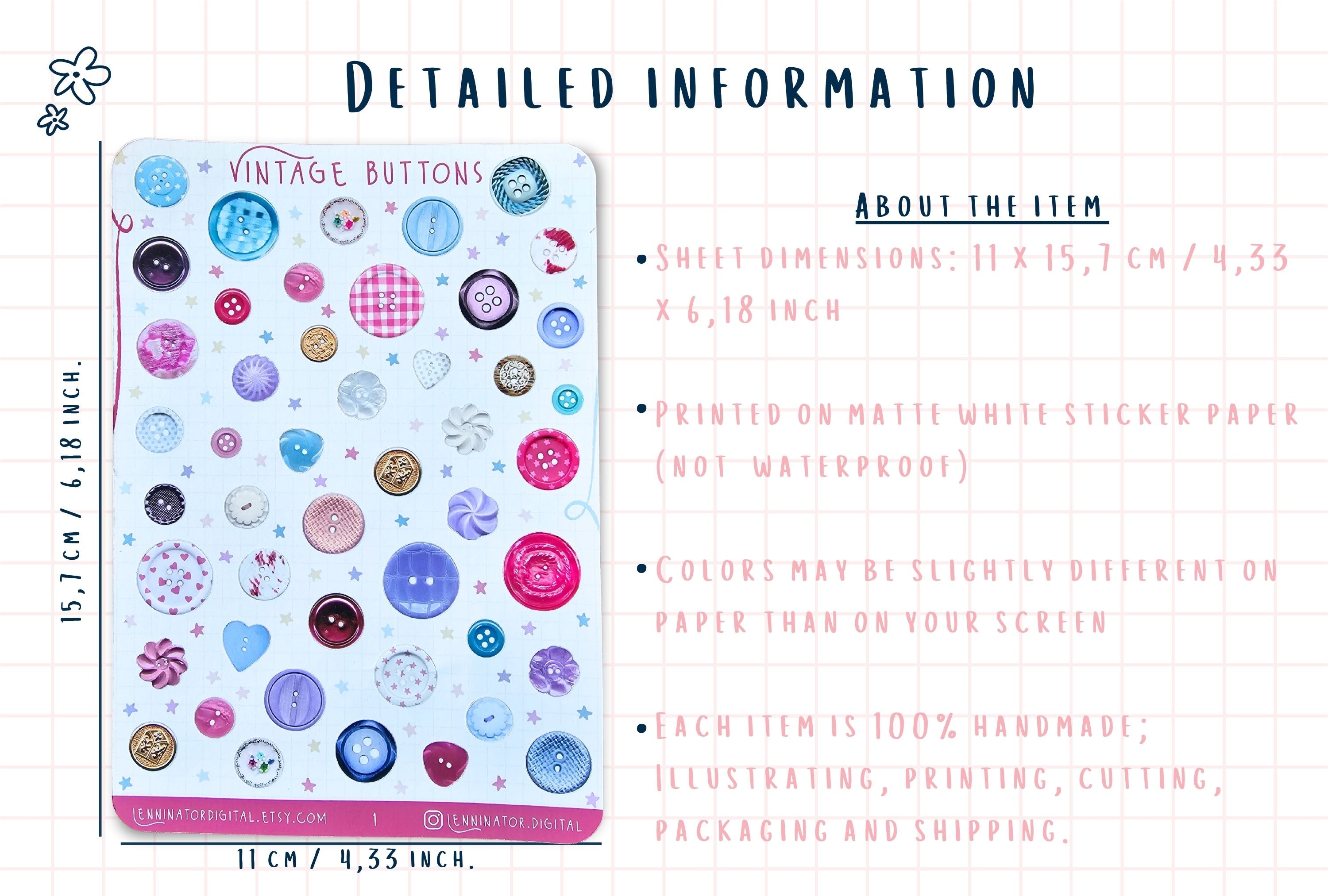 Sheet of vintage button stickers with dimensions and material details.